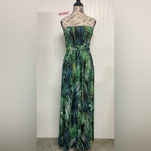 Strapless Green Leaf Print Dress